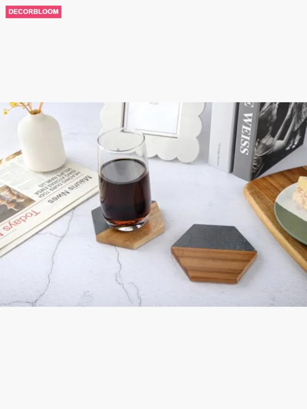 Set of 4 Hexagon Acacia Wood and Marble Coasters for Drinks, Modern Rustic Bar